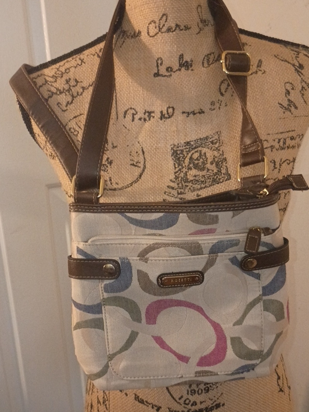 Rosetti Multicolor Circle Print Crossbody Bag with Brown Trim